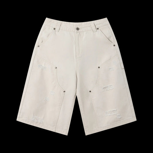 310GSM Heavyweight Cotton Enzyme Washed Distressed Workwear Pants Milk Tea White