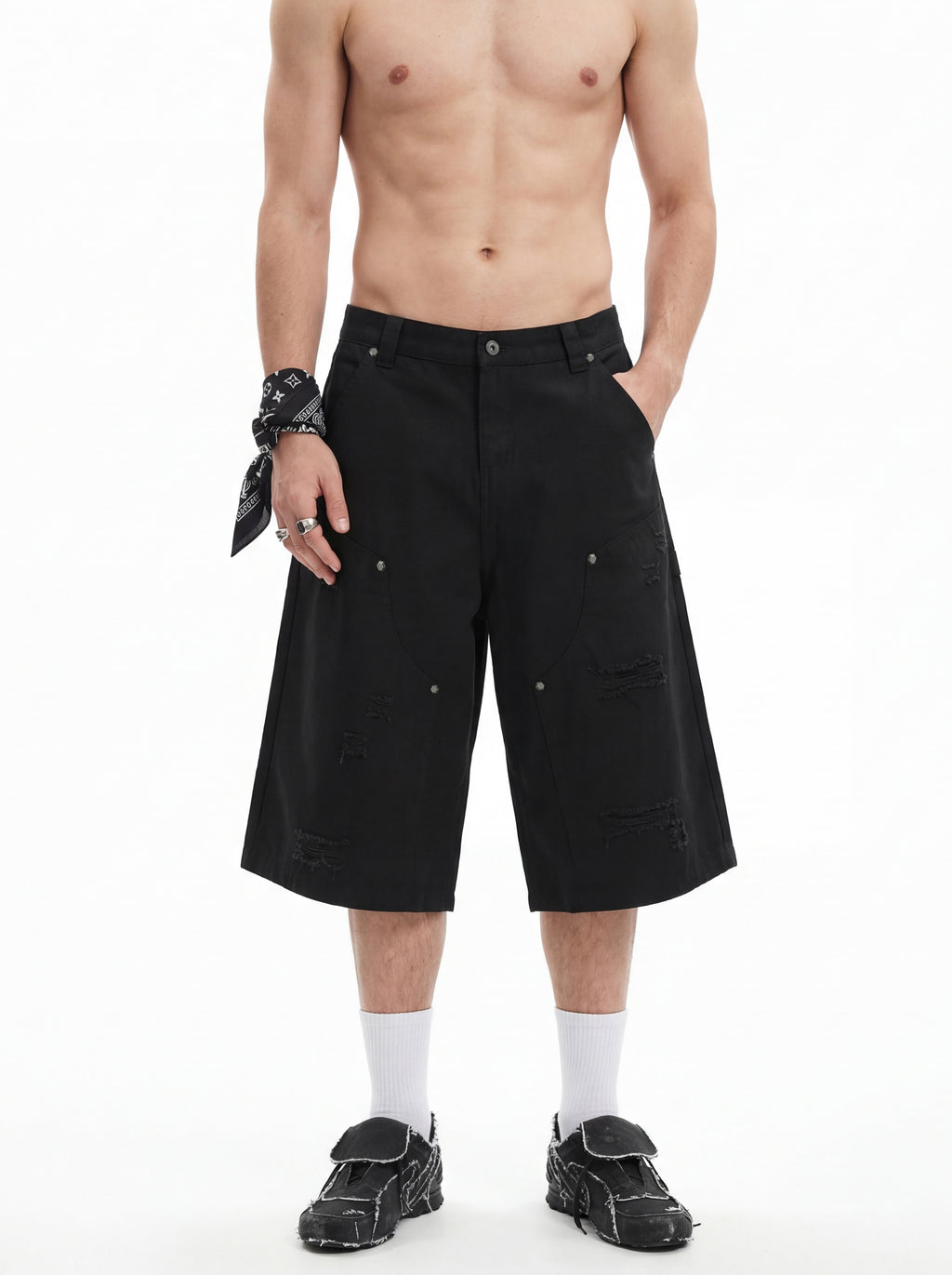 310GSM Heavyweight Cotton Enzyme Washed Distressed Workwear Pants Black