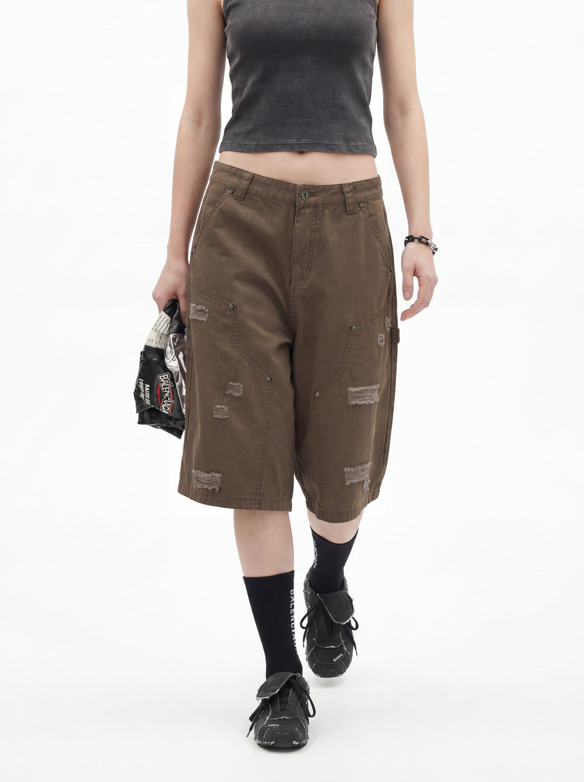 310GSM Heavyweight Cotton Enzyme Washed Distressed Workwear Pants Coffee