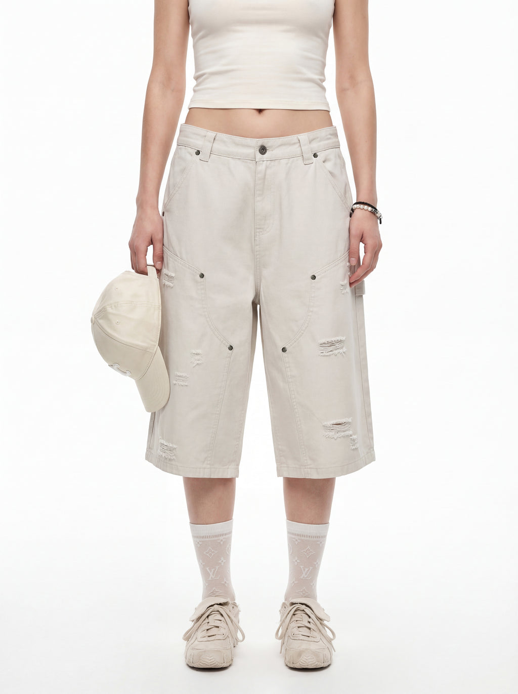 310GSM Heavyweight Cotton Enzyme Washed Distressed Workwear Pants Milk Tea White