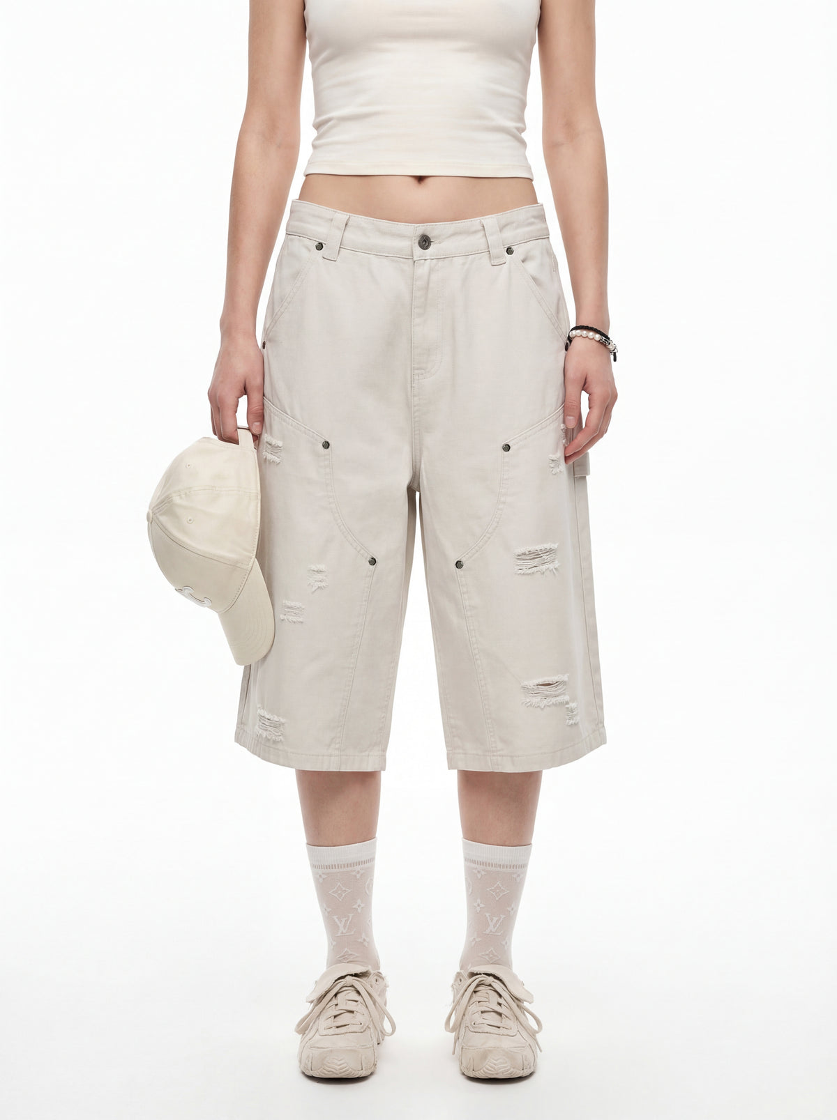 310GSM Heavyweight Cotton Enzyme Washed Distressed Workwear Pants Milk Tea White