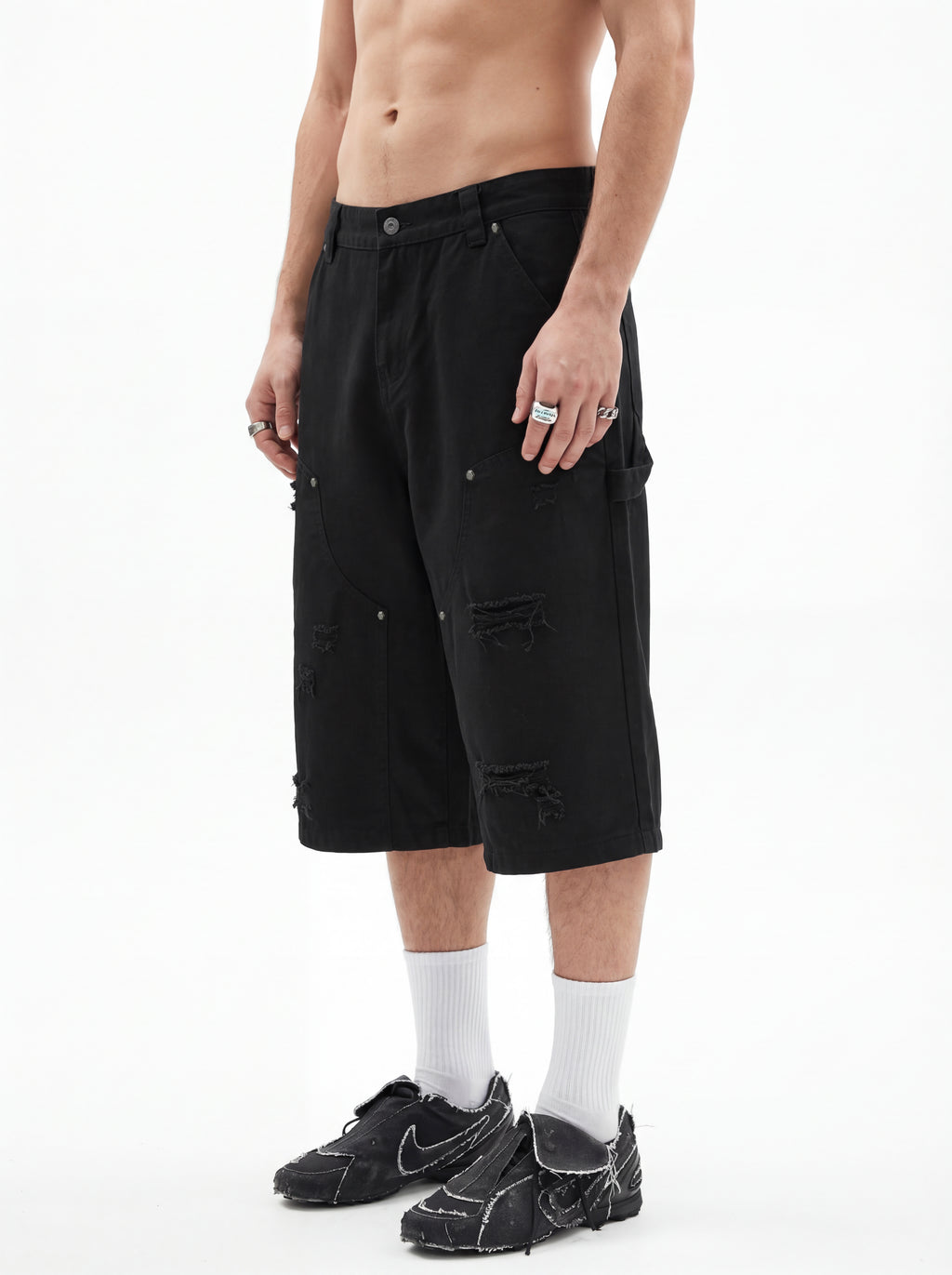 310GSM Heavyweight Cotton Enzyme Washed Distressed Workwear Pants Black