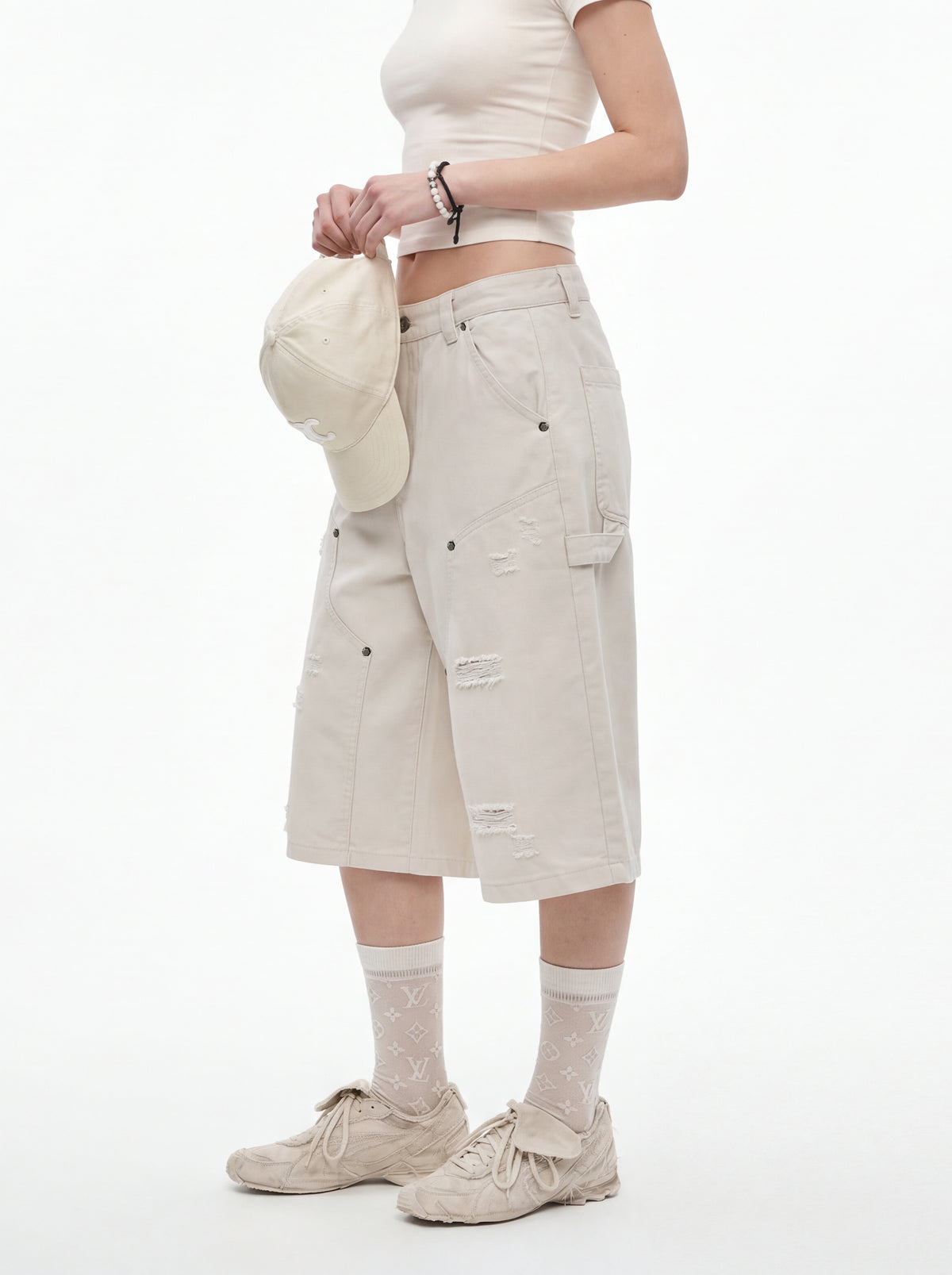 310GSM Heavyweight Cotton Enzyme Washed Distressed Workwear Pants Milk Tea White