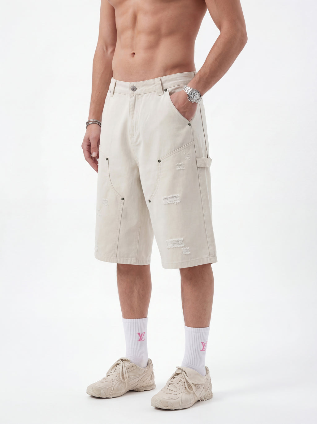 310GSM Heavyweight Cotton Enzyme Washed Distressed Workwear Pants Milk Tea White
