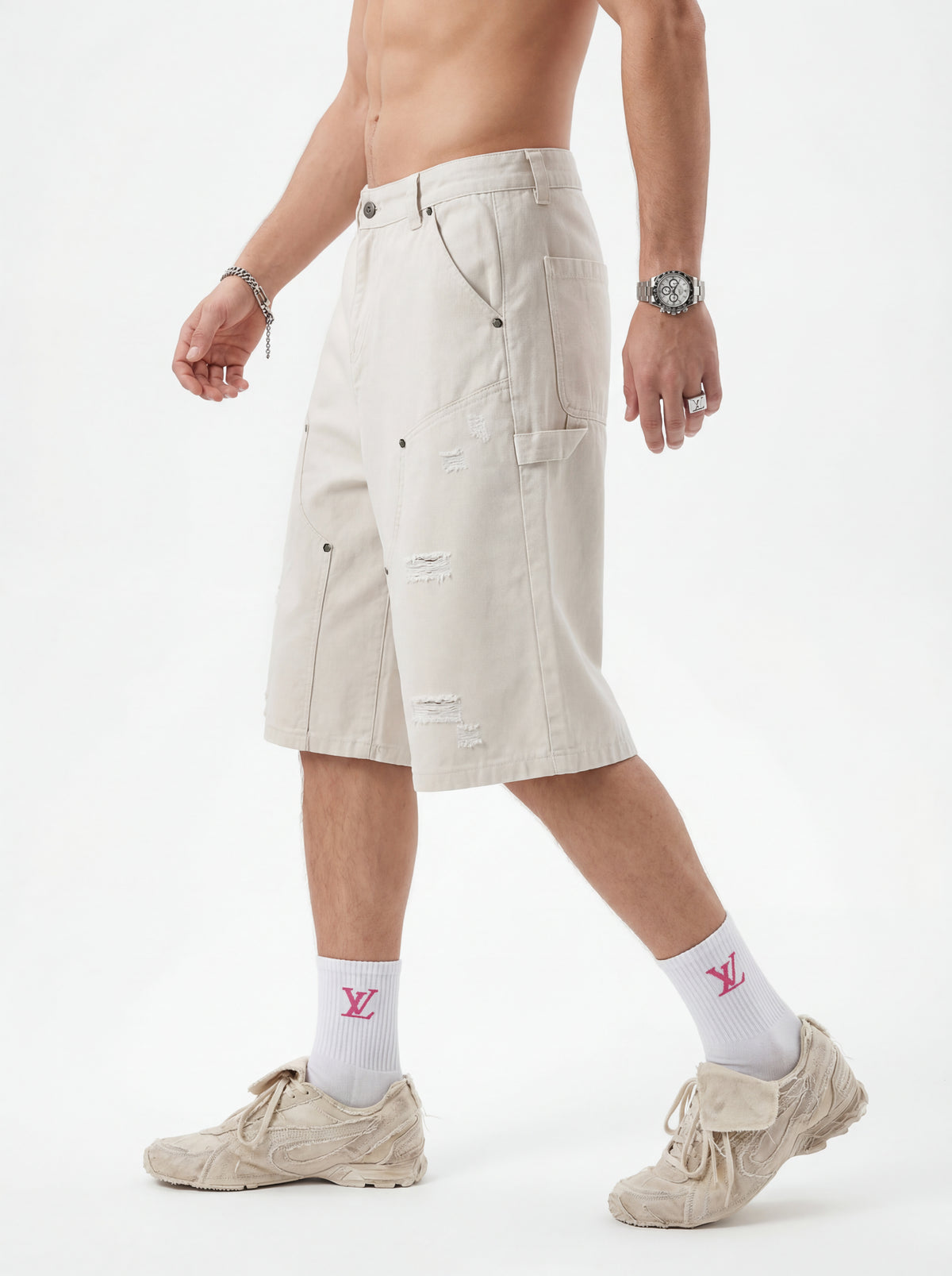 310GSM Heavyweight Cotton Enzyme Washed Distressed Workwear Pants Milk Tea White