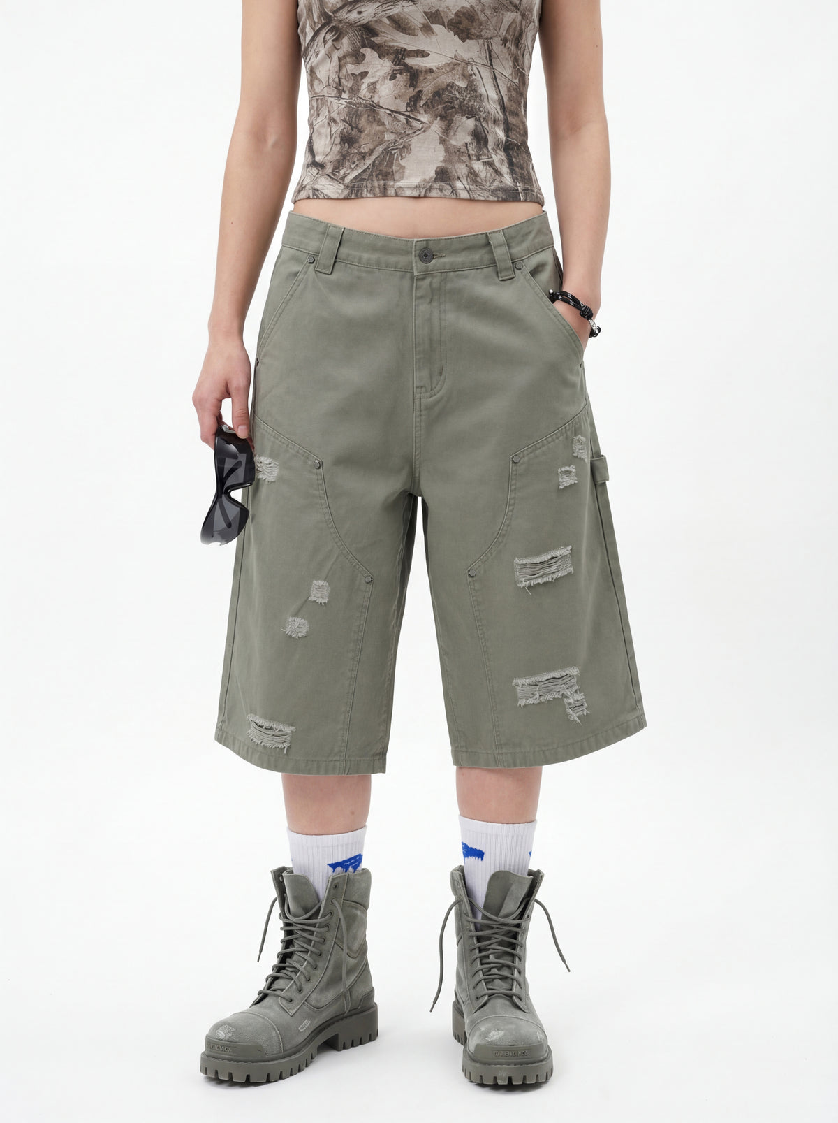 310GSM Heavyweight Cotton Enzyme Washed Distressed Workwear Pants Dark Green