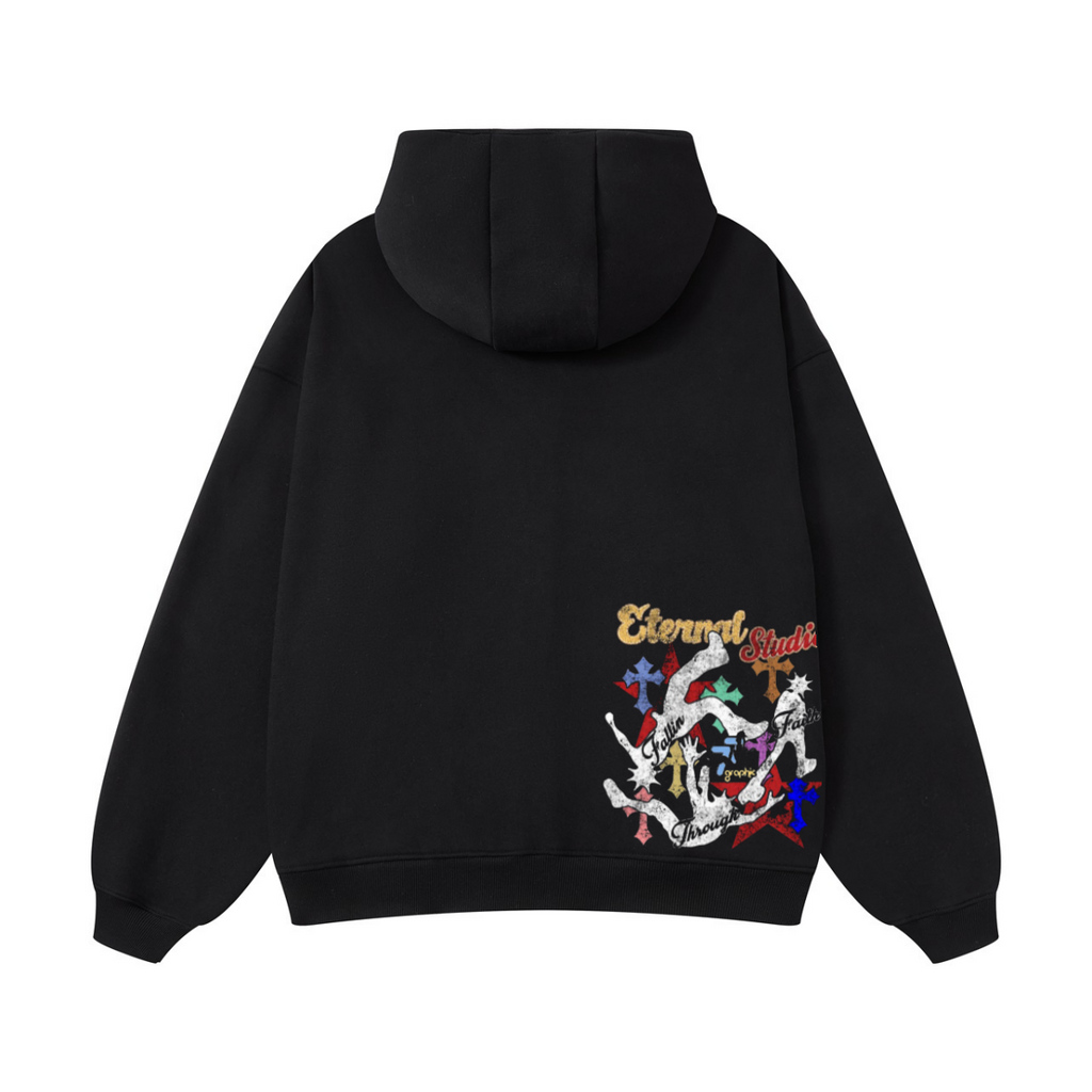 420GSM Unisex Fall&Winter Fleece-Lined Solid-Color Zip-Up Hoodie Black