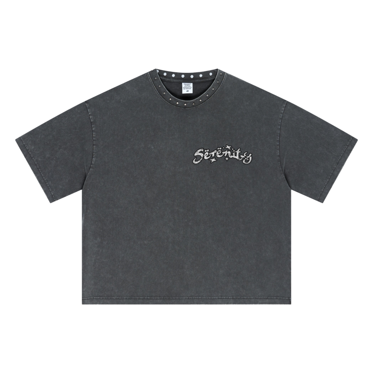 310GSM Men’s Boxy-Fit Distressed Fried-Color Snow-Wash Studded Loose T-shirt Vintage dark gray