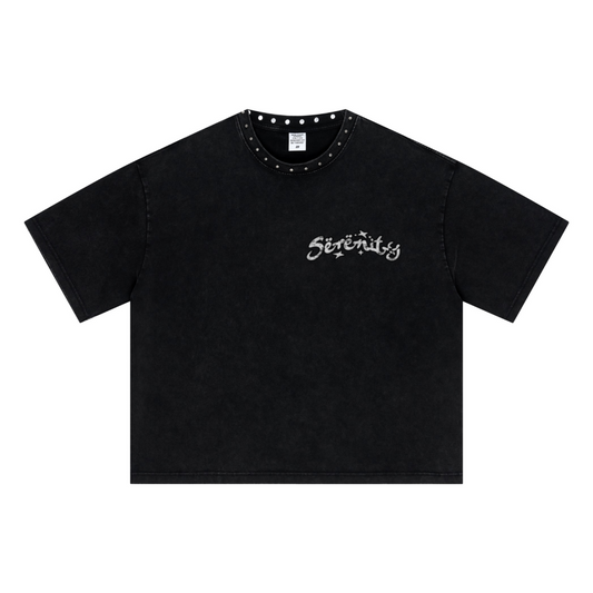 310GSM Men’s Boxy-Fit Distressed Fried-Color Snow-Wash Studded Loose T-shirt Vintage black