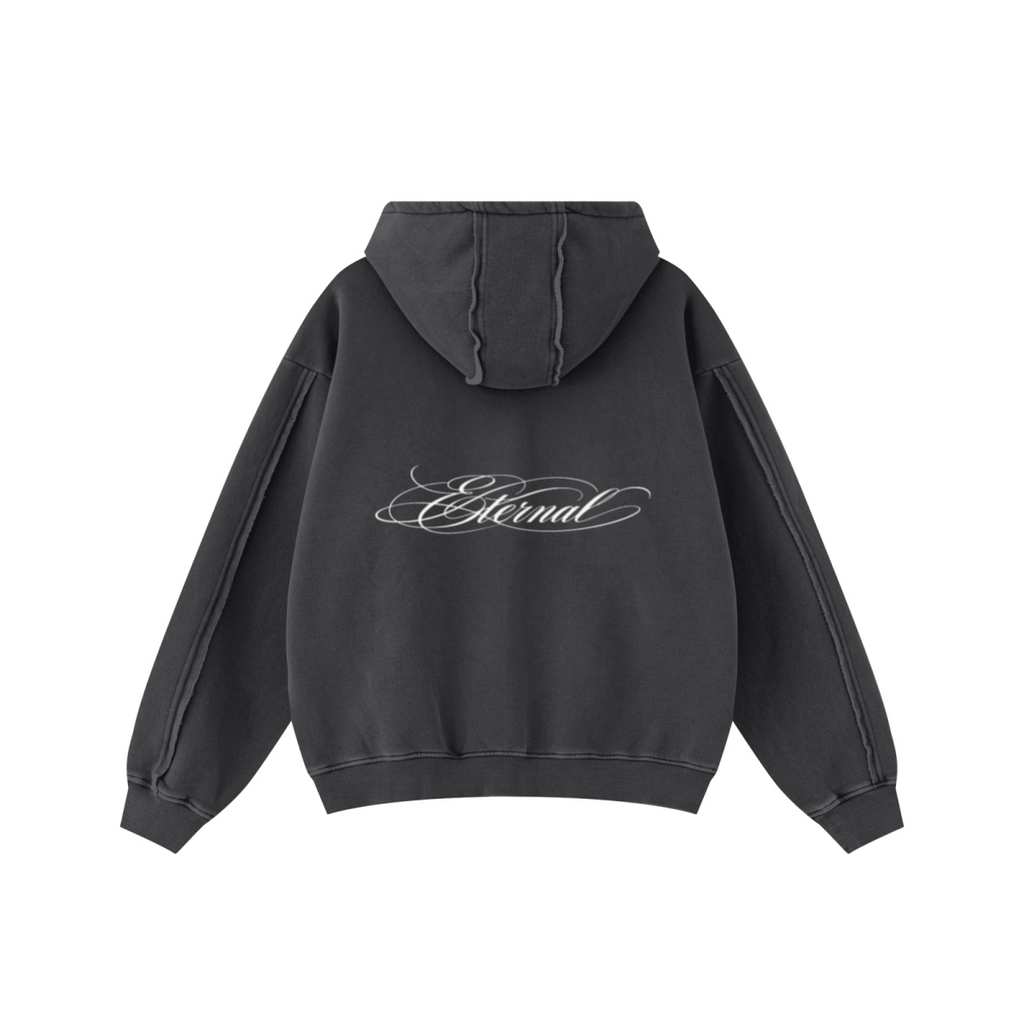 400GSM Men’s Raw-Edge Panelled Double-Zip Pigment-Wash Hoodie Dark Grey