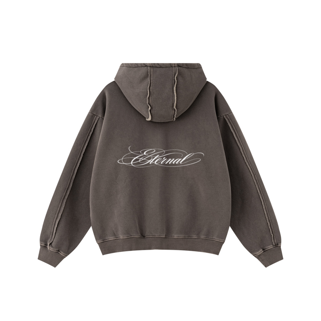 400GSM Men’s Raw-Edge Panelled Double-Zip Pigment-Wash Hoodie Coffee Brown