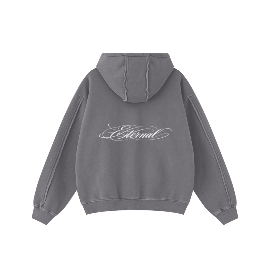 400GSM Men’s Raw-Edge Panelled Double-Zip Pigment-Wash Hoodie Medium Grey