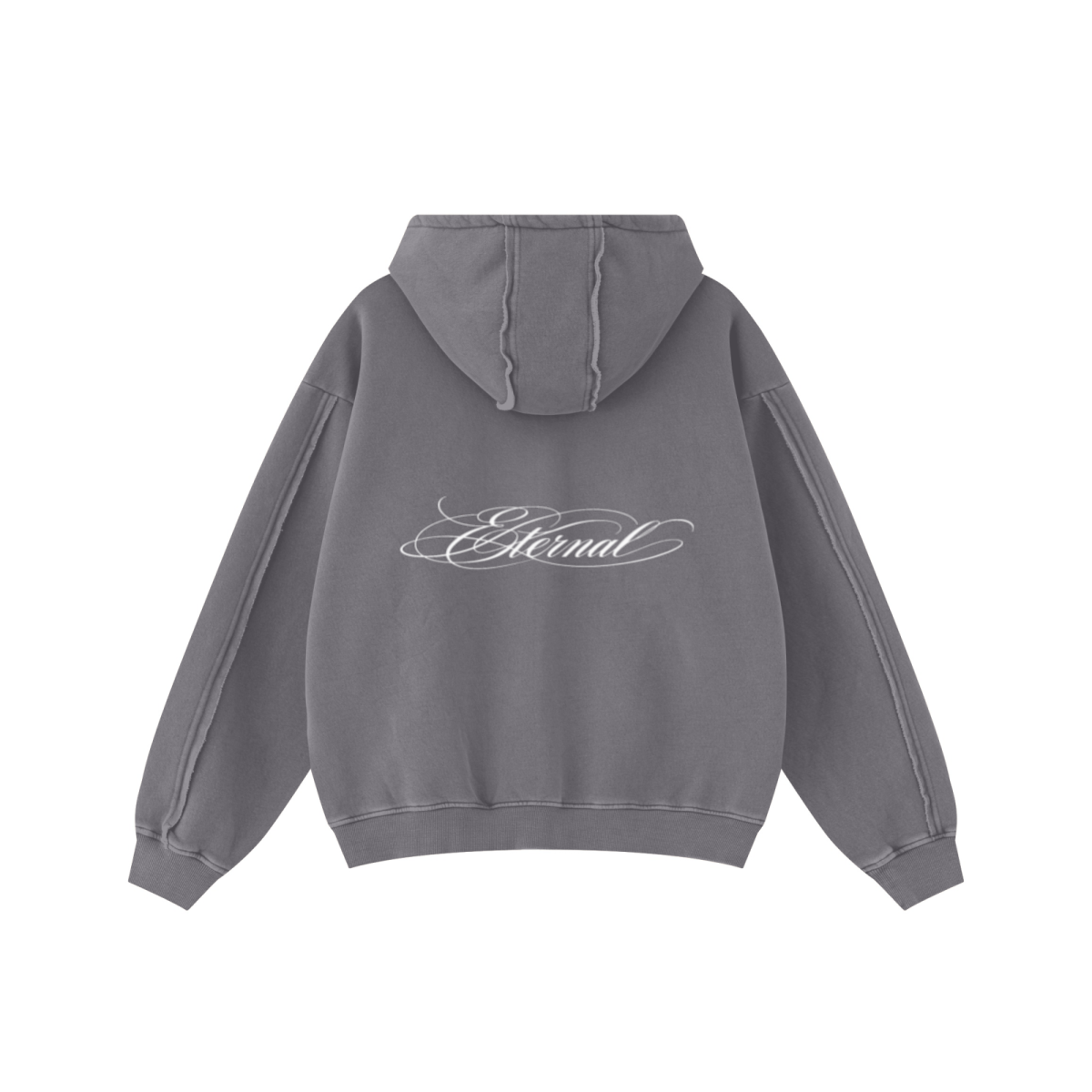 400GSM Men’s Raw-Edge Panelled Double-Zip Pigment-Wash Hoodie Medium Grey