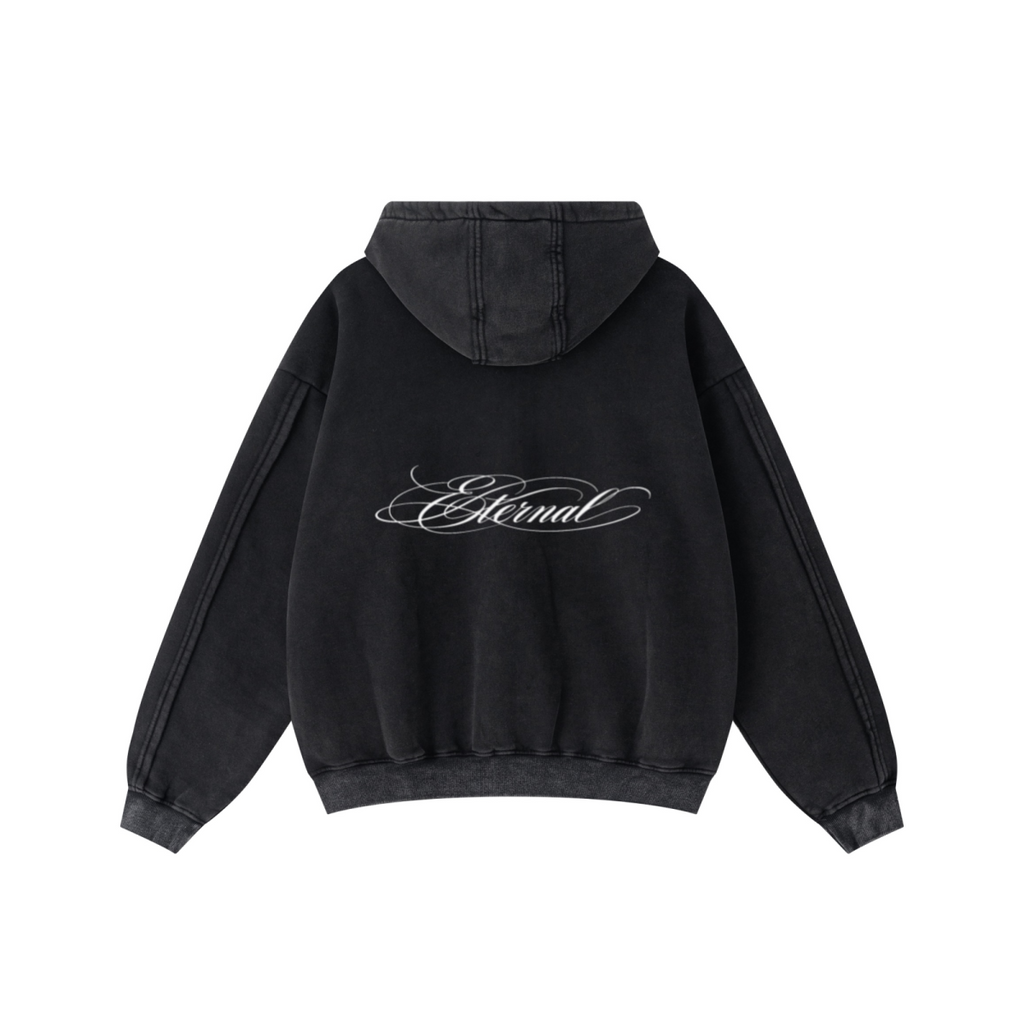 400GSM Men’s Raw-Edge Panelled Double-Zip Pigment-Wash Hoodie Snowflake Grey